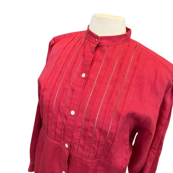 Lauren Ralph Lauren Top Womens Sz Medium Red Linen Pleated Button Up Long Sleeve - Picture 2 of 5